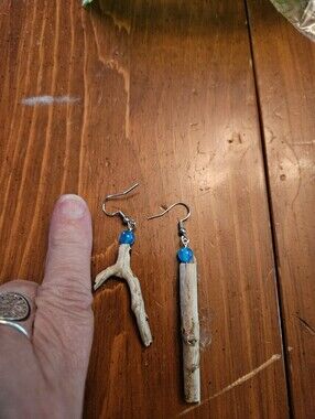 Ooak Handmade Driftwood and Blue Bead Dangle Earrings - Women Jewelry
